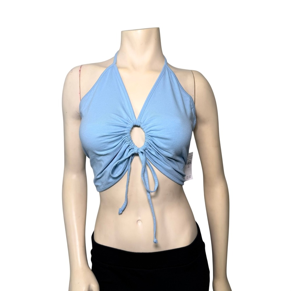 American Eagle Halter Crop Top Women L Blue NEW O-Ring Ruched Tie Front 5703-400